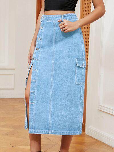 Button Down Midi Denim Skirt with Pockets and Button Detail