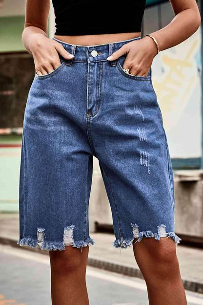 Raw Hem High Waist Denim Shorts with Pockets for Women