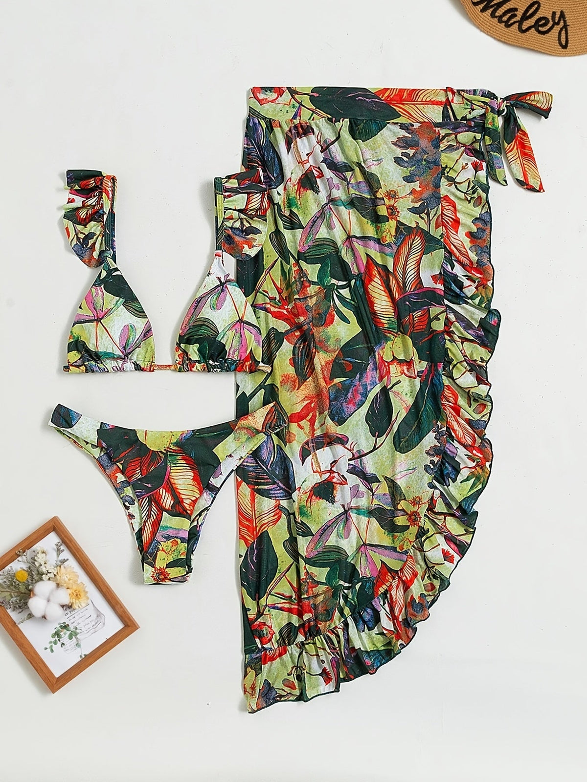 Bloom Breeze 3-Piece Bikini Set – Elegant High Cut Floral Fluttering Swimsuit with Lettuce Trim Tie Back Bandeau and Coordinating Cover Up Skirt – Women&