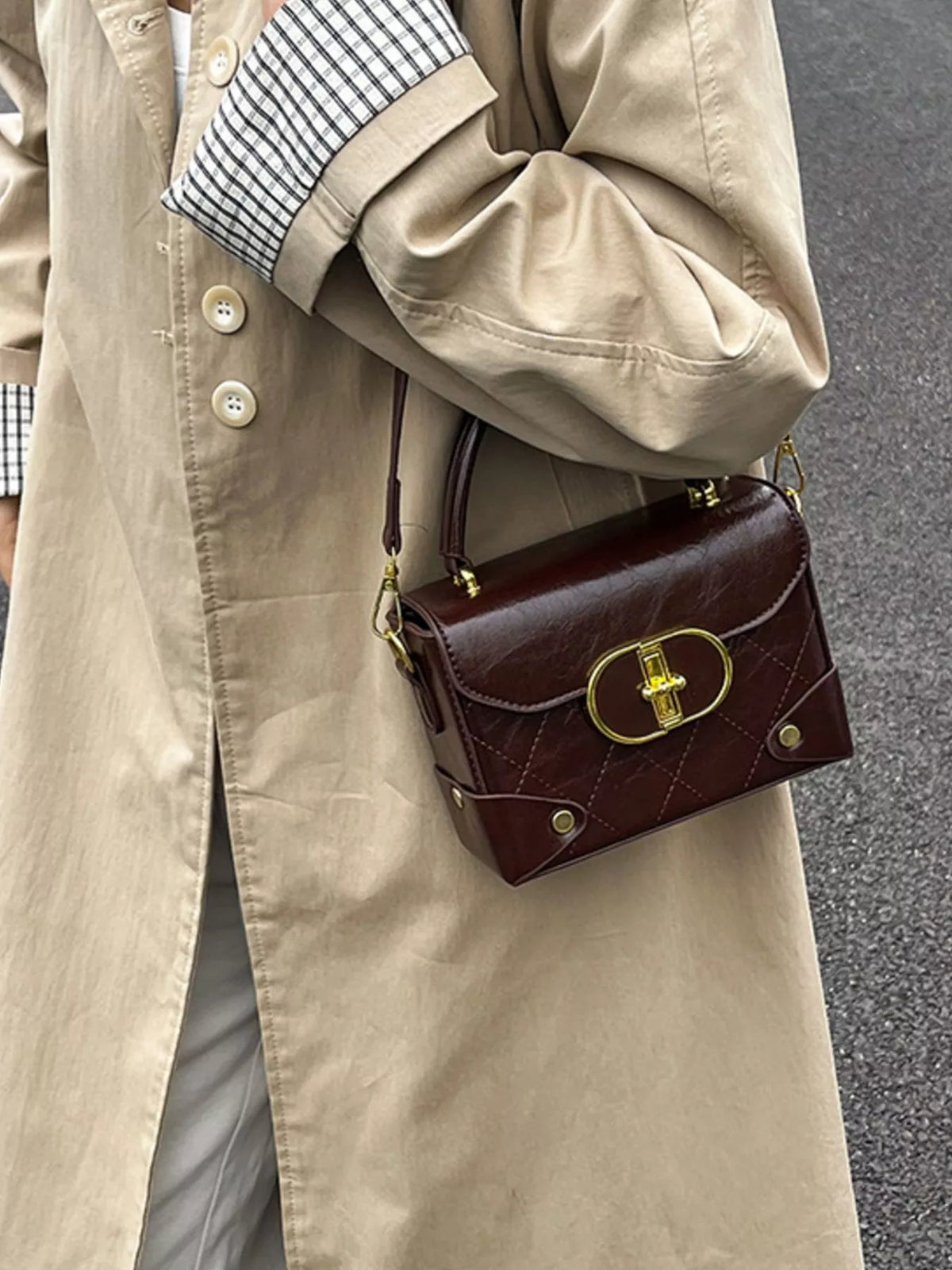 Quilted Pattern Top Handle Crossbody Bag