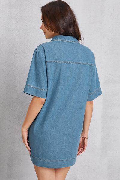 Stylish Pocketed Collared Neck Mini Denim Dress for Women