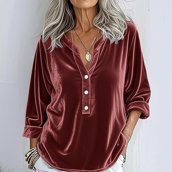 Womens Long-sleeve Solid-color V-neck Loose-fit Blouse