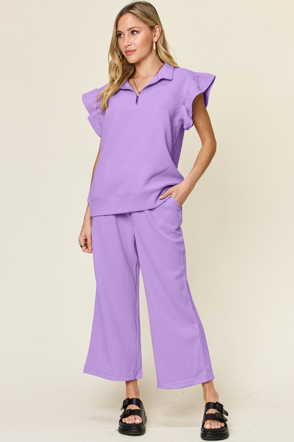 Textured Ruffle Top &amp; Drawstring Wide Leg Pants Set