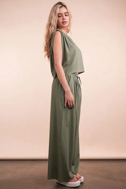 VERY J Solid Woven Top &amp; Pants Set