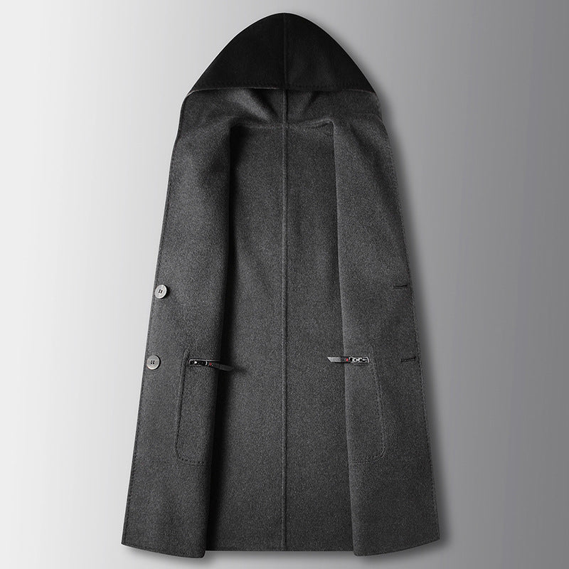 Mens Mid-Length Wool Coat With A Hood Reversible Style
