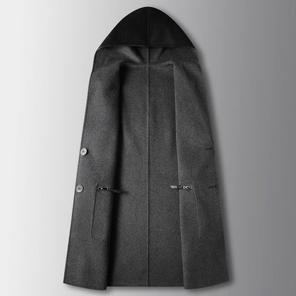 Mens Mid-Length Wool Coat With A Hood Reversible Style