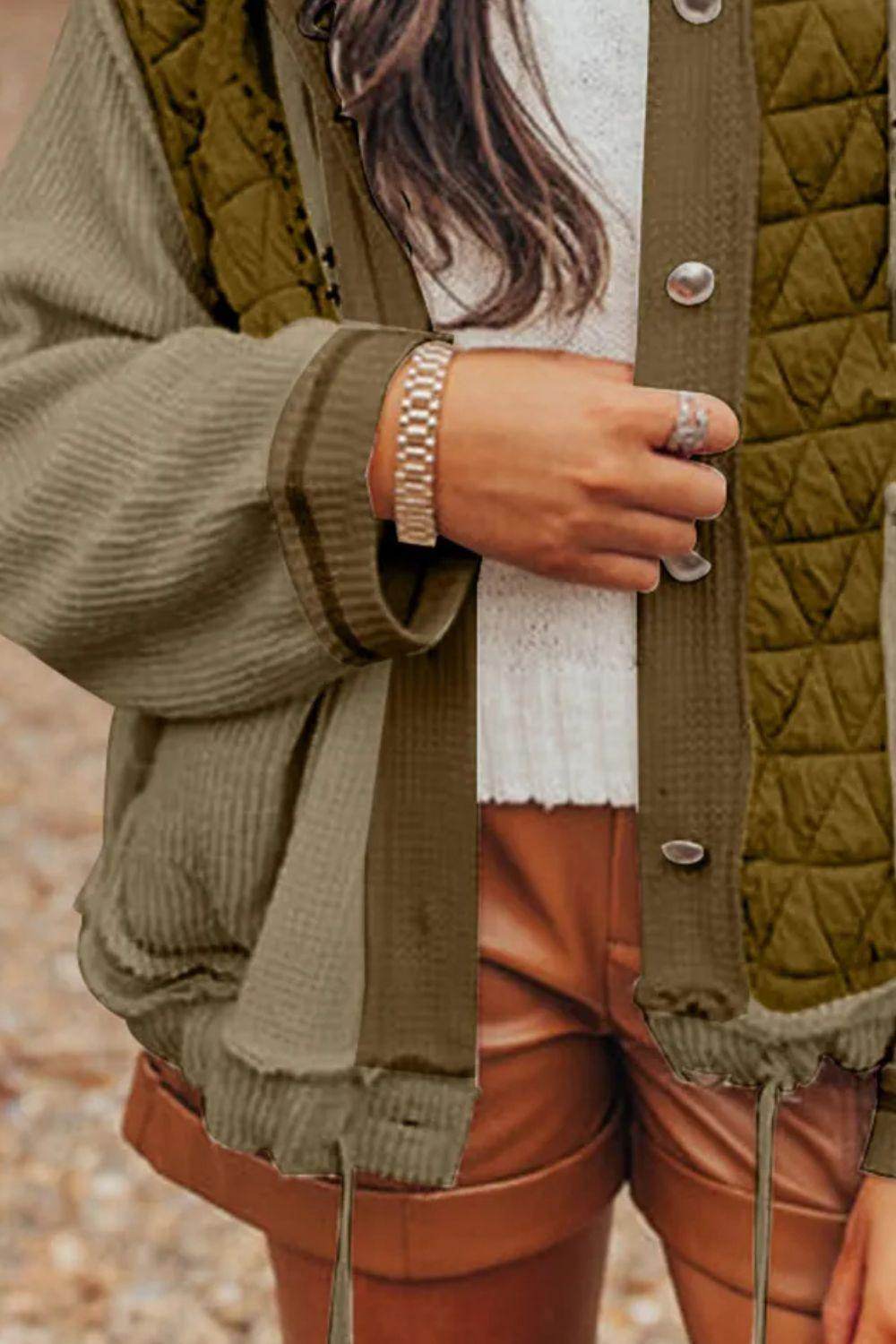 Drawstring Color Block Long Sleeve Jacket for Women Fashion
