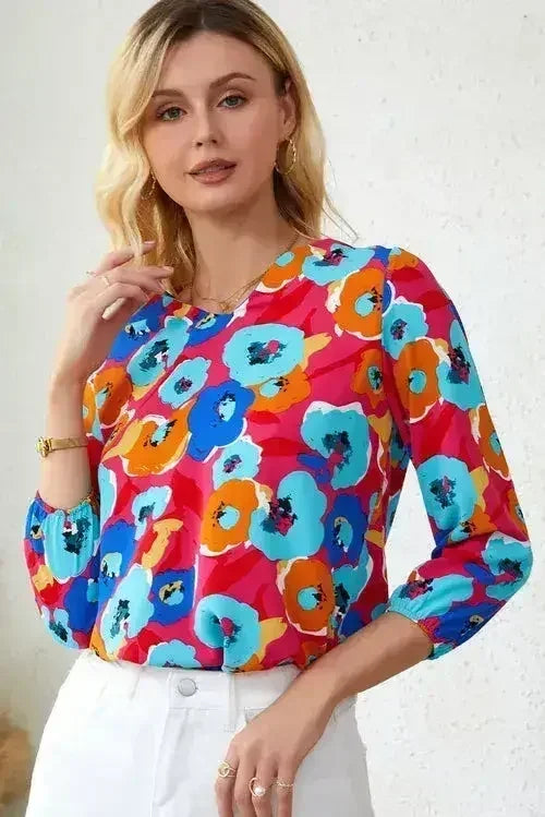 Floral Print V Neck Blouse - 3/4 Sleeve &amp; Non-Stretch | Femstylo