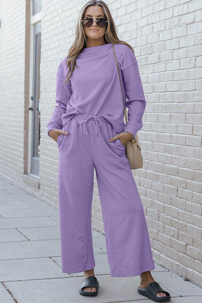 Double Take Full Size Textured Long Sleeve Top and Drawstring Pants Set for Women