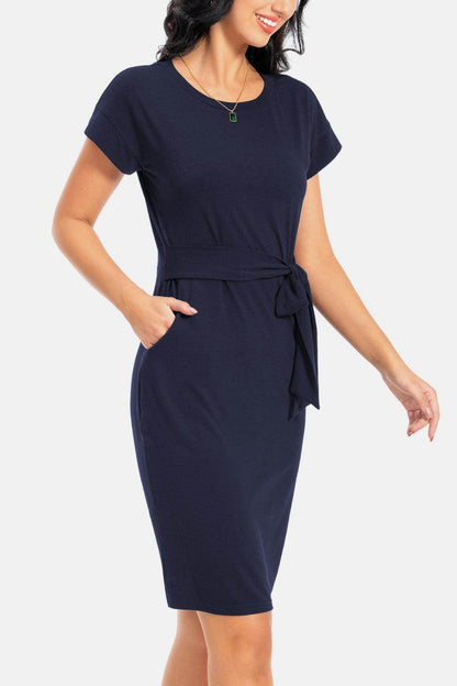 Tie Front Round Neck Short Sleeve Dress for Women