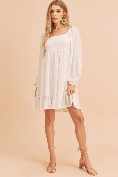 Ruffled Hem Square Neck Balloon Sleeve Mini Dress – Trendy, Feminine &amp; Fashion-Forward Dress for Stylish Occasions