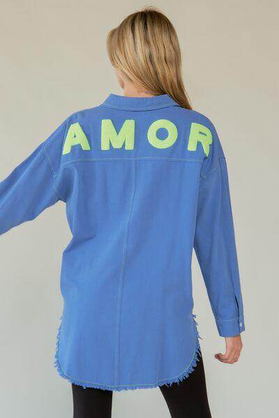 Davi &amp; Dani Letter Back Raw Hem Half Button Shirt Chic
