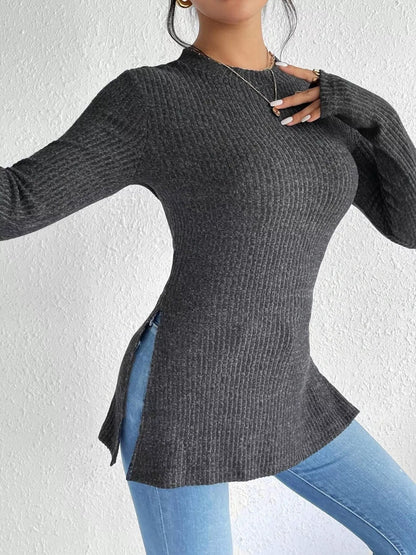 Slit Round Neck Long Sleeve T-Shirt