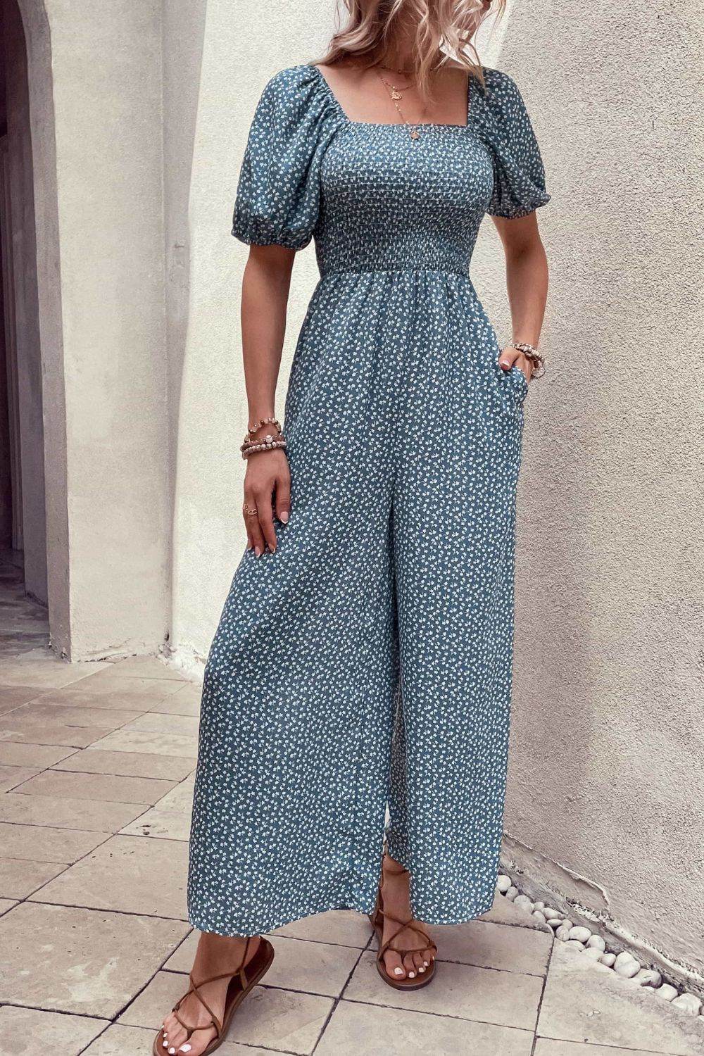 Perfee Printed Square Neck Jumpsuit with Pockets