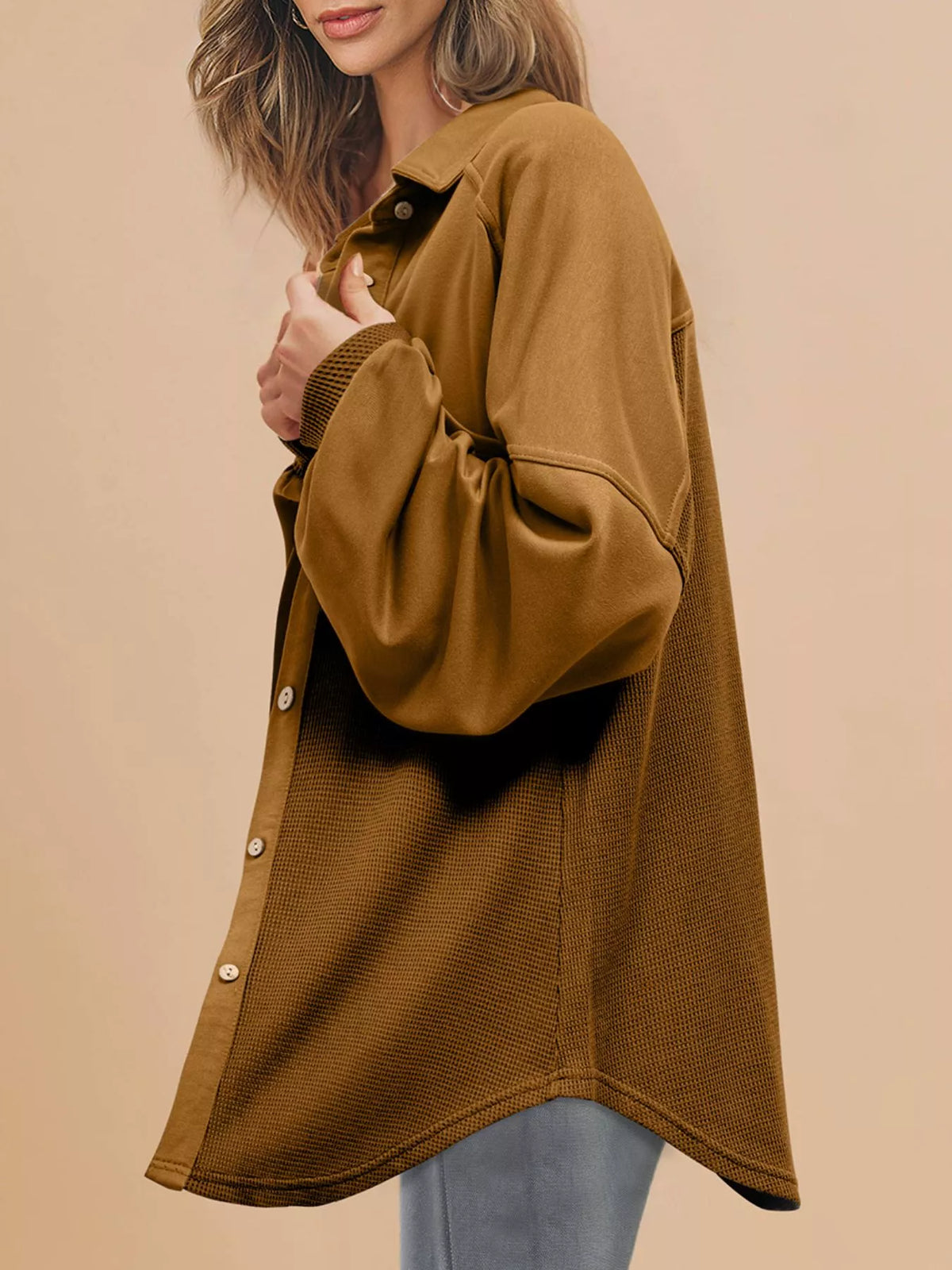 Waffle Knit Patchwork Exposed Seam Loose Shacket
