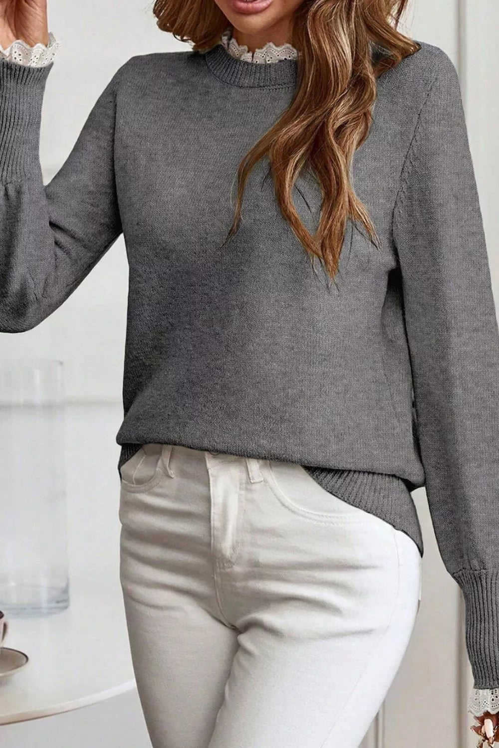 Lace Trim Mock Neck Sweater