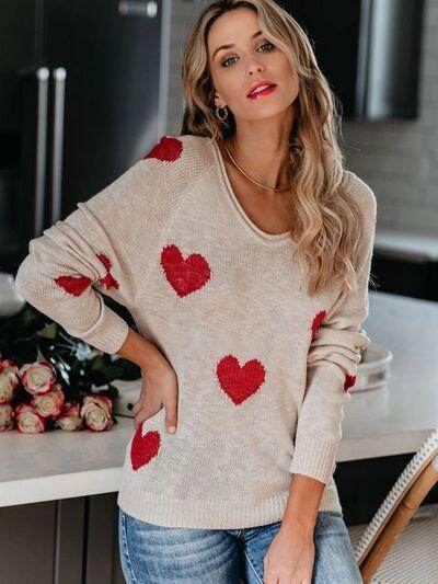 Heart Scoop Neck Long Sleeve Sweater for Women Cozy Style