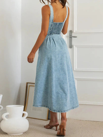 Sweetheart Neck Button-Front Midi Denim Dress