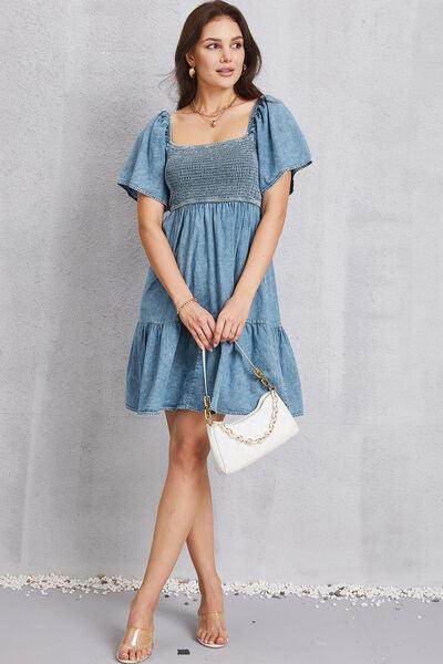 Smocked Square Neck Mini Denim Dress for Women Stylish