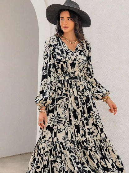 Plus Size Floral Print Balloon Sleeve Maxi Dress