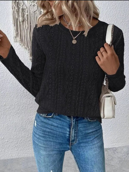 Full Size Eyelet Round Neck Long Sleeve Blouse Plus Size