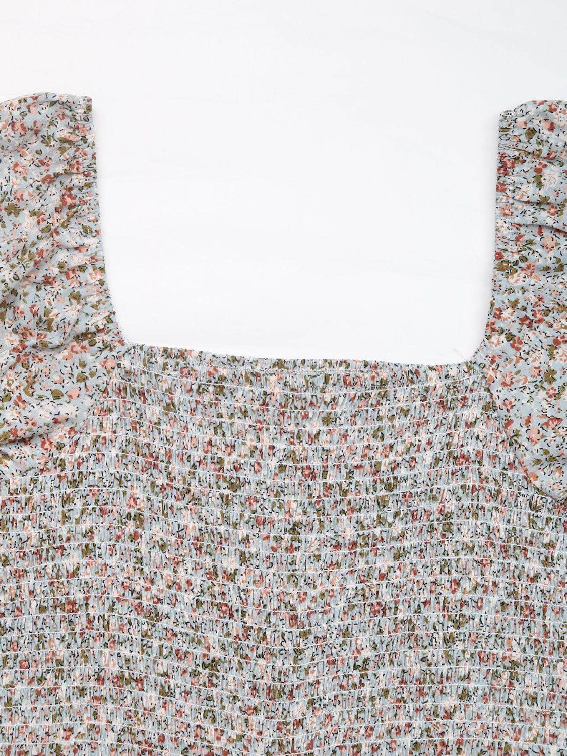 Perfee Ditsy Floral Smocked Square Neck Puff Sleeve Jumpsuit