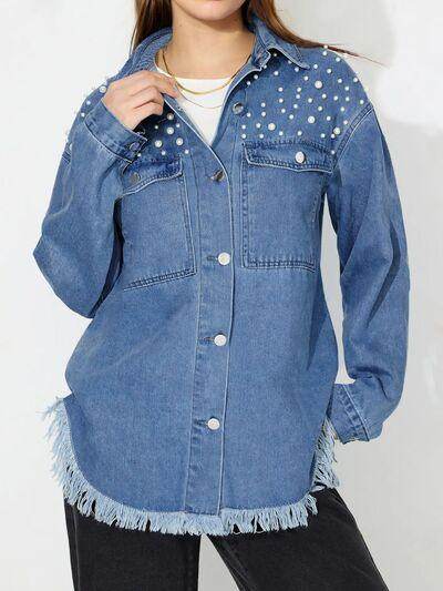 Raw Hem Pearl Trim Collared Neck Denim Top for Women