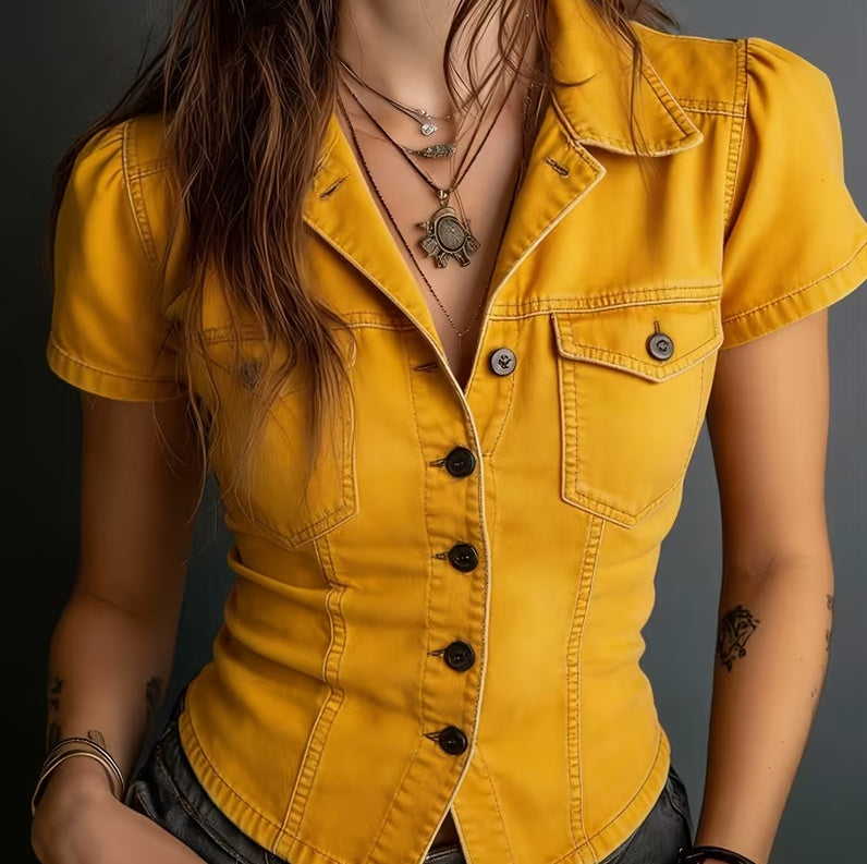 Vintage Waist-Cinched Short-Style Blazer-Collar Short-Sleeve Shirt
