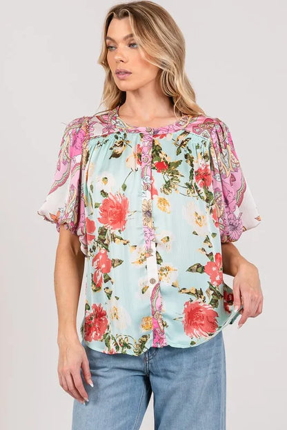 SAGE+FIG Plus Size Floral Mineral Wash French Terry Button Up Shirt