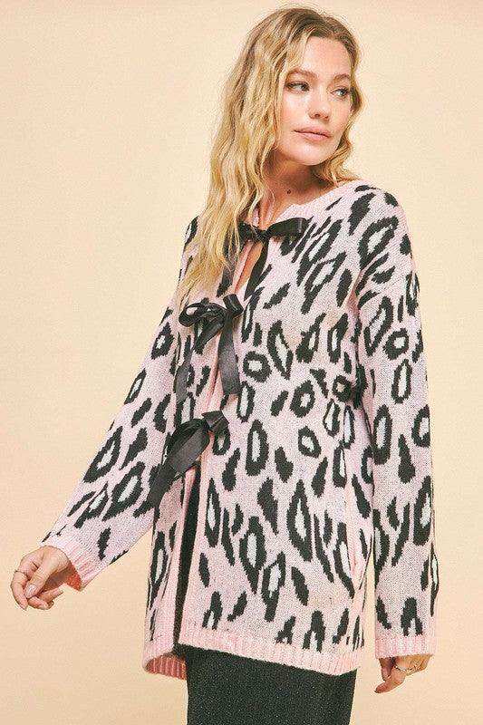 Davi &amp; Dani Leopard Ribbon Tie Front Loose Fit Cardigan