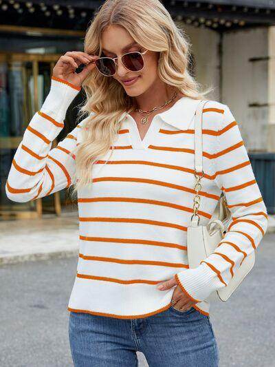 Striped Johnny Collar Long Sleeve Sweater for Women