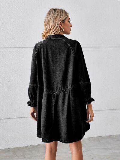Button Up Flounce Sleeve Mini Denim Dress for Women
