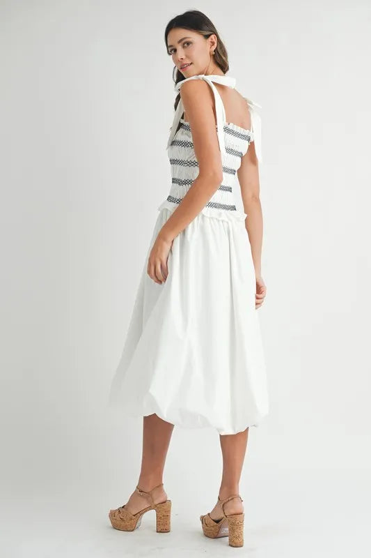 MABLE Smocked Bodice Bubble Midi Dress