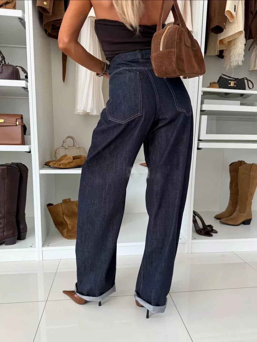 High-Waisted Wide-Leg Washed Jeans