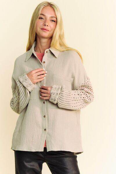 Davi &amp; Dani Crochet Sleeve Crinkled Texture Shirt for Women