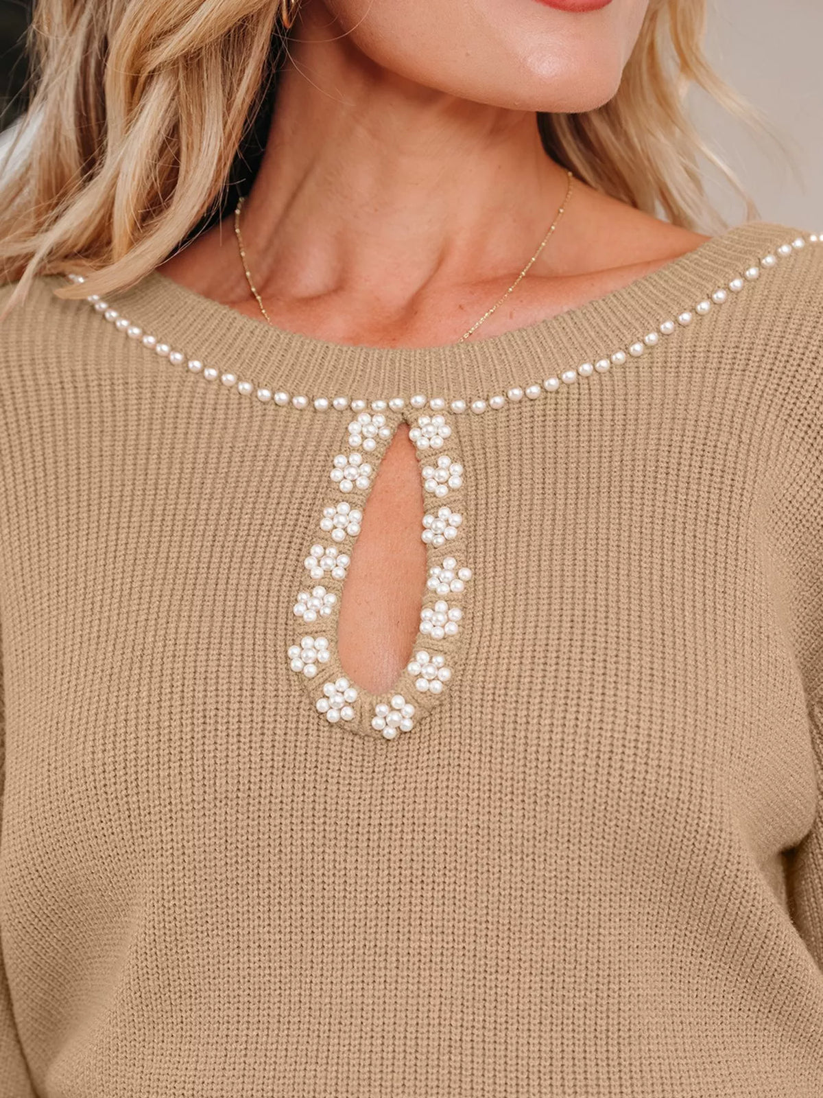 Pearl Embellished Keyhole Ribbed Sweater Dress
