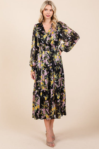 Flower Print Satin Lurex Stripe Smocked Midi Dress For Summer – Elegant and Sparkling Floral Dress with Tiered Design