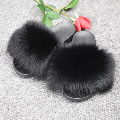 Real Fox Fur Slides for Women - Fluffy Fur Slippers Open Toe Flat Sandals for Outdoor