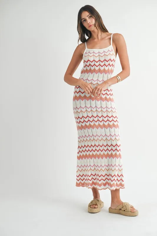 MABLE Lightweight Pointelle Chevron Knit Maxi Dress
