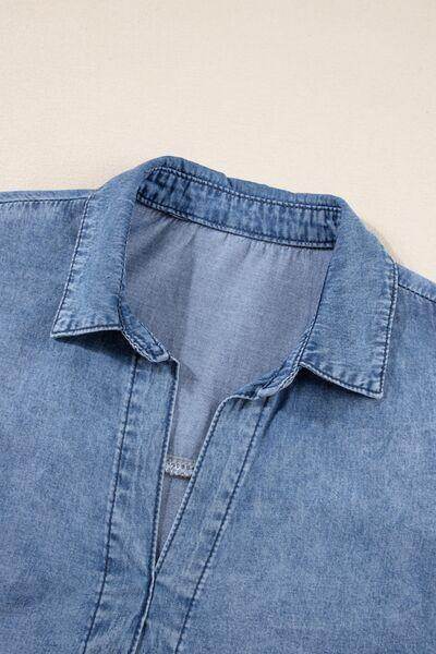 Raw Hem Collared Neck Short Sleeve Denim Dress for Women