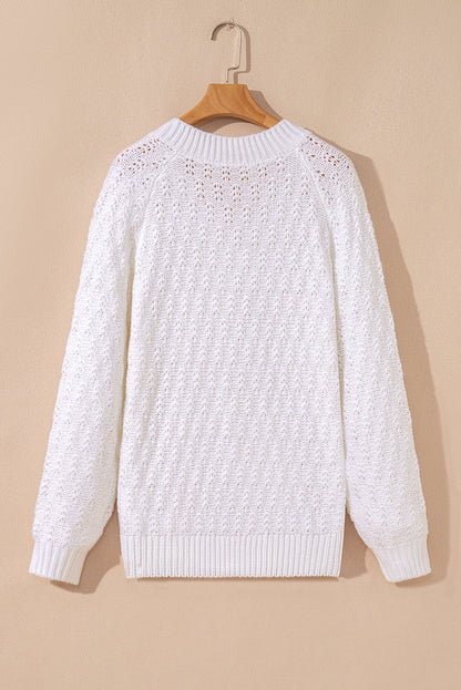 White Plain Knit Ribbed Edge V Neck Loose Sweater - Femstylo