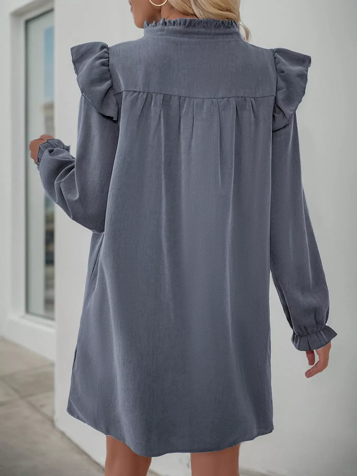 Ruffled Notched Long Sleeve Dress