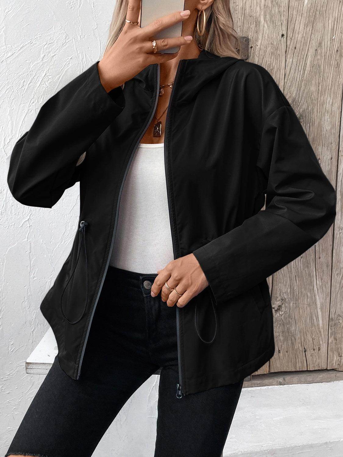 Ivy Lane Drawstring Zip Up Hooded Jacket for Women