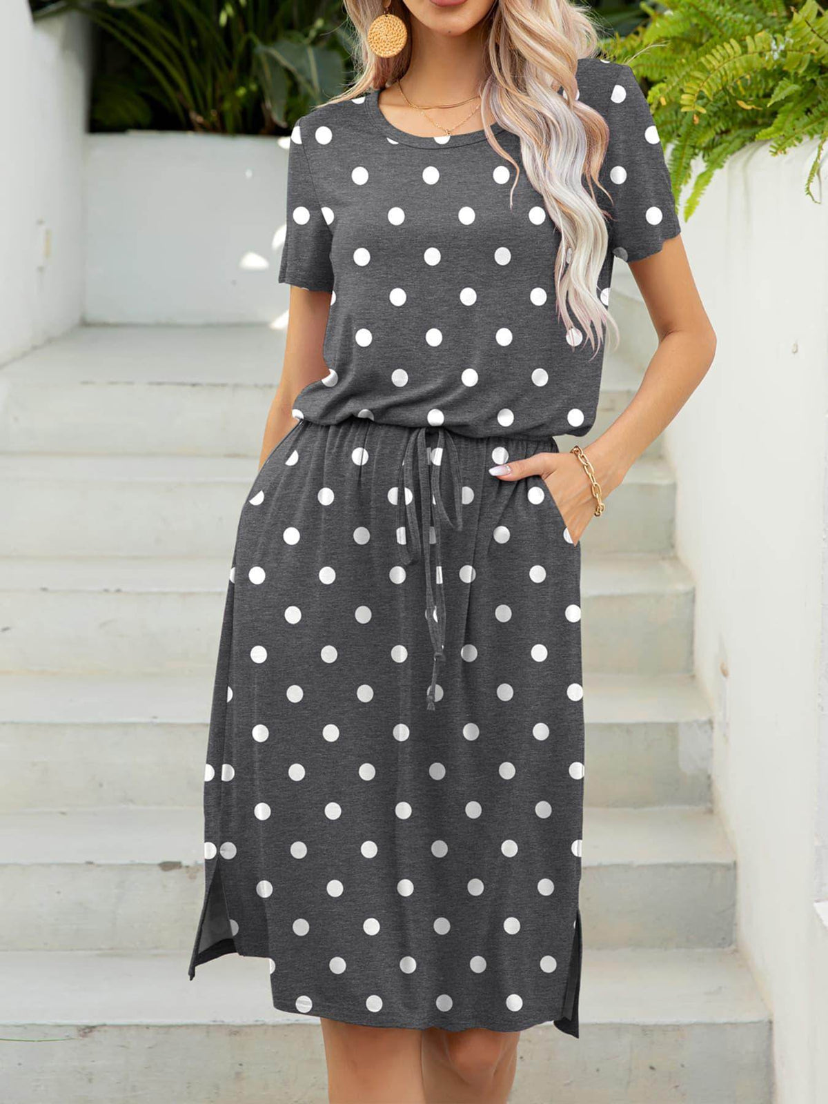 Round Neck Short Sleeve Slit Dress with Pockets for Women