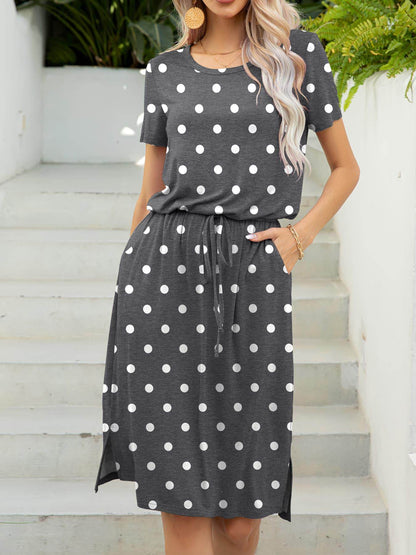Round Neck Short Sleeve Slit Dress with Pockets for Women