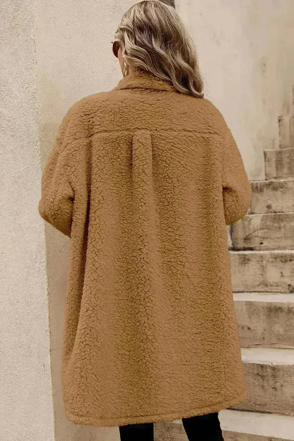 Blue Teddy Coat – Contrast Flap Pockets &amp; Single Breasted