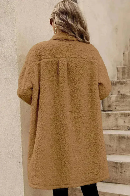 Blue Teddy Coat – Contrast Flap Pockets &amp; Single Breasted
