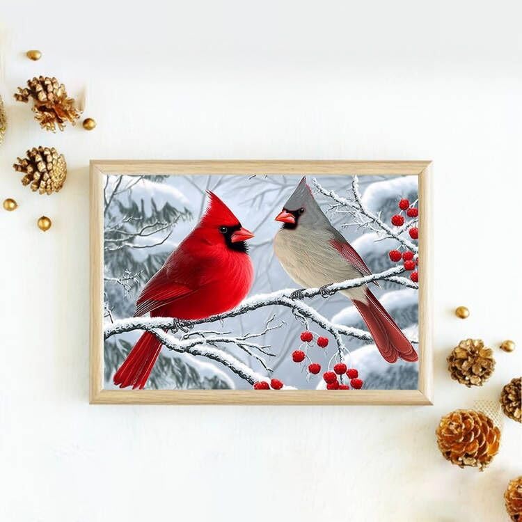 Cardinals Diamond Art Kits for Adults, 5D Christmas Diamond Painting Kits for Beginner, Full Round Drills Red Birds Painting By Diamond Snow Scene Bead Gem Art for Home Decor 16 x 12 in