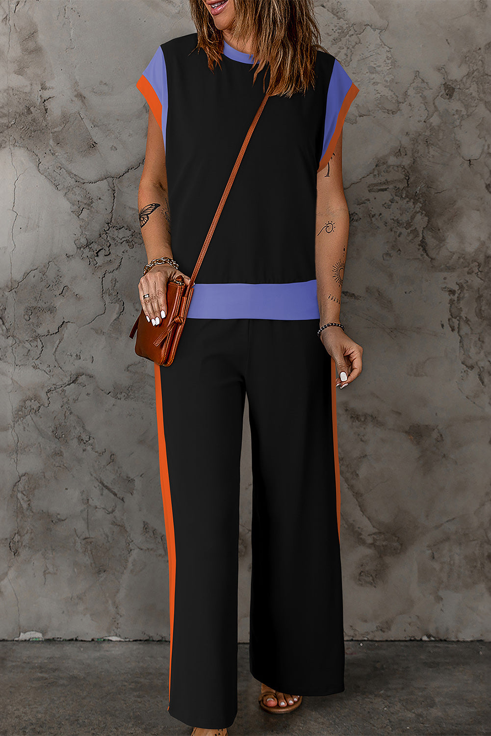 Polyester Two-Piece Set with Contrast Top &amp; Pants