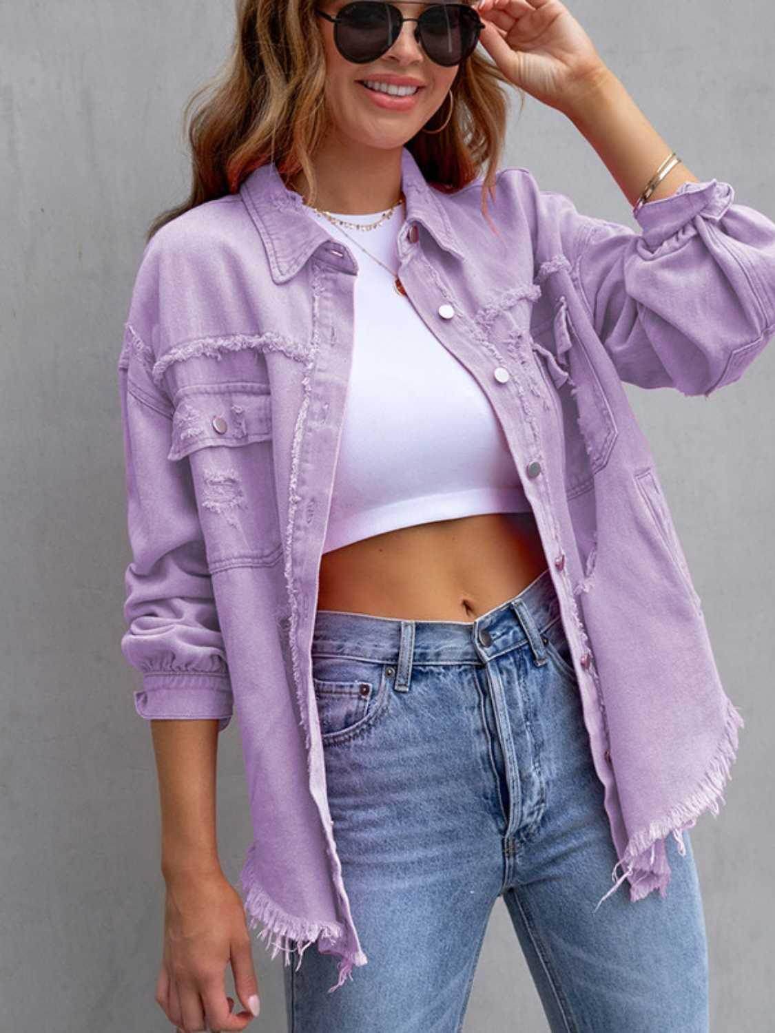 Distressed Drop Shoulder Denim Jacket for Casual Style